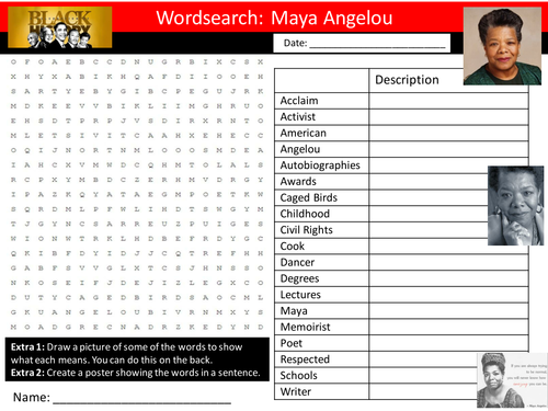 Maya Angelou Wordsearch Keyword Starter Settler Activity Cover Lesson Black History Month