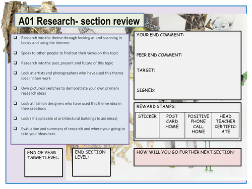 Art Textiles GCSE mark sheet