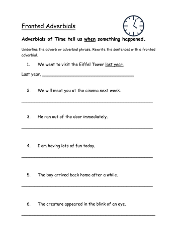 Fronted Adverbial Worksheet Year 6