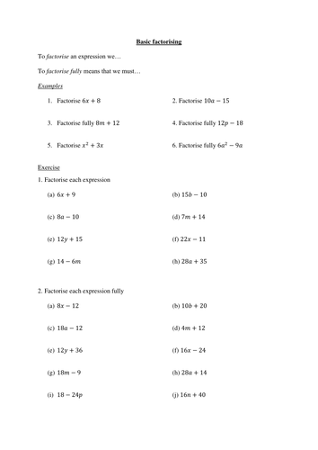 Factorising with a single bracket - worksheet