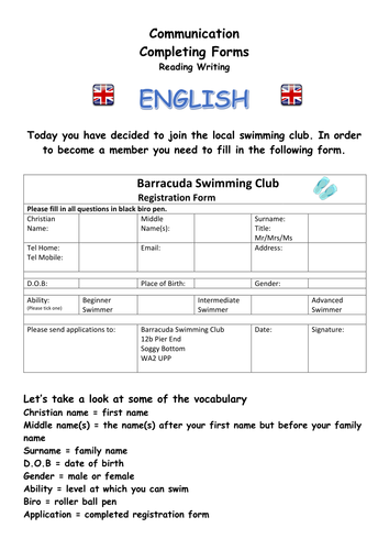 Completing forms English as Second Language
