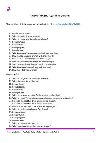 Organic Chemistry. AQA C2-Topic 7 Quick Fire Questions. 9-1 GCSE Chemistry or combined science revis