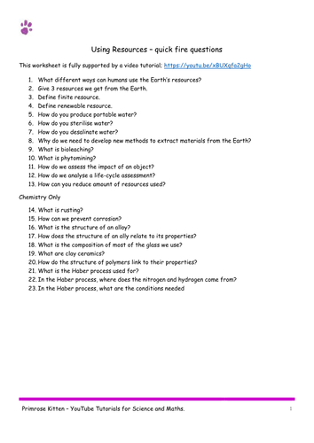 Using Resources. AQA C2-Topic 10 Quick Fire Questions. 9-1 GCSE Chemistry or combined science reisio