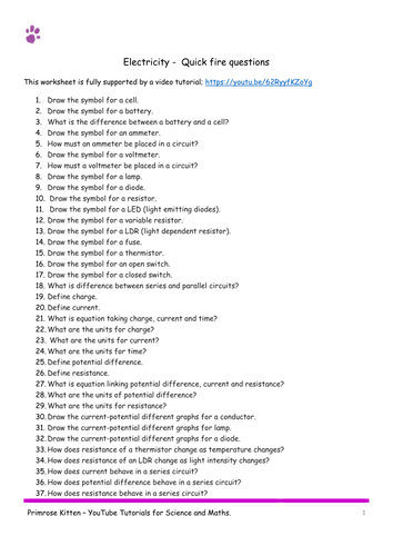 ELECTRICITY. AQA P1 Topic 2 Quick Fire Questions. GCSE 9-1 Combined Science or Physics Revision