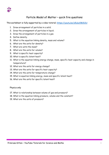 PARTICLE MODEL. AQA P1 Topic 3 Quick Fire Questions. GCSE 9-1 Combined Science or Physics Revision