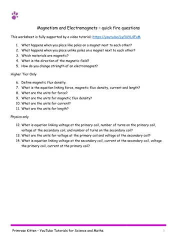 Magnetism and Electromagnets. AQA P2-Topic 7 Quick Fire Questions. 9-1 GCSE physics or combined scie