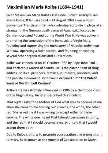 Maximilian Kolbe Handout