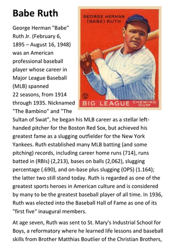 Babe Ruth Handout | Teaching Resources