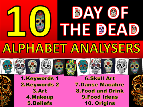 10 x Day of The Dead Alphabet Analysers Keyword Starter Settler Wordsearch Art RE PSHE Cover