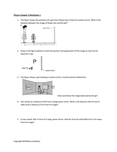 Light : Mirrors, Reflection, Refraction and Refractive Index Worksheets