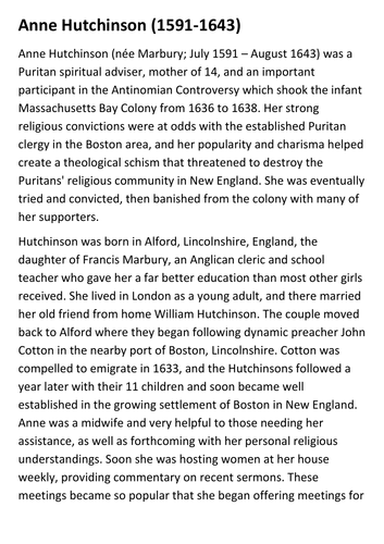Anne Hutchinson Handout