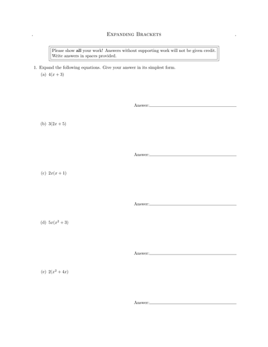 Expanding Brackets Worksheet