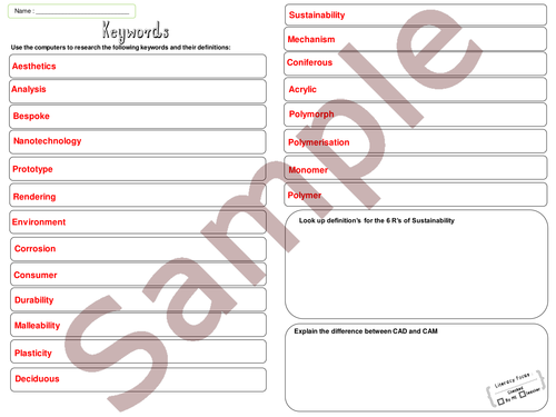 KS3 Keywords Design and Technology Define Keyword Activity/Homework A3 Page