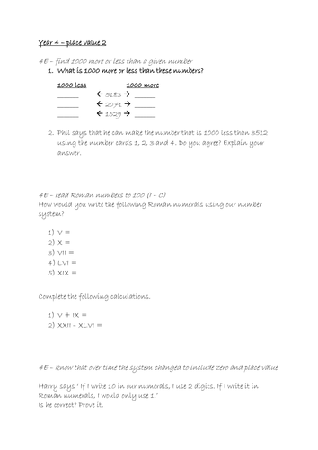 Maths Assessment - Year 4 - Place Value and Roman Numerals