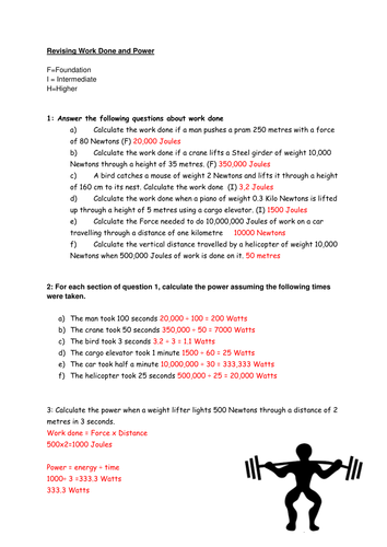 Work and Power Worksheet