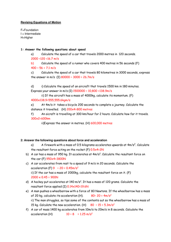 Equations of motions question sheet