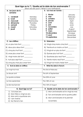 French KS3 Dates Birthdays Numbers Practice Teaching Resources