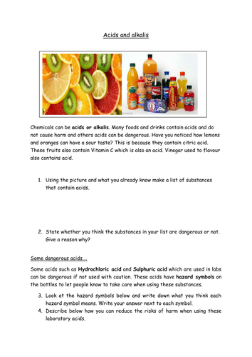 Acids and alkalis introduction worksheet