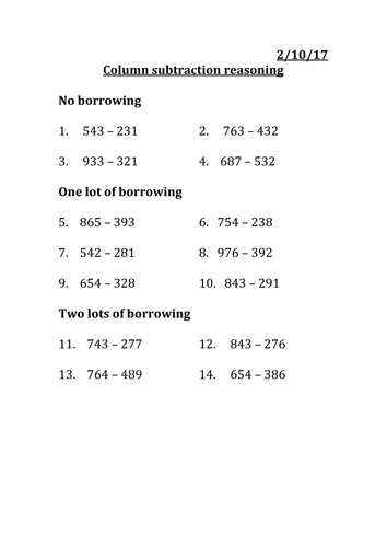 Column subtraction year 3