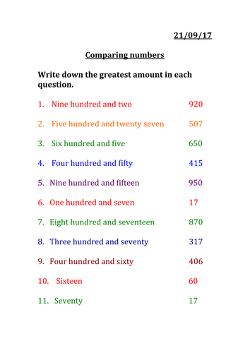 Comparing numbers MASTERY Year 3