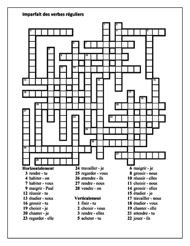 Imparfait Imperfect Tense In French Crossword 1 Teaching Resources