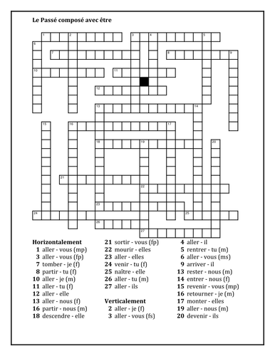 Passé composé with être French Verbs Crossword | Teaching Resources