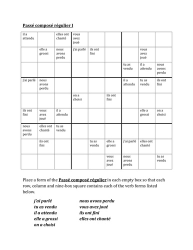 Passé Composé French Regular Verbs Sudoku