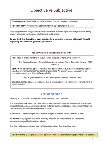 Worksheet - the difference between objective and subjective texts