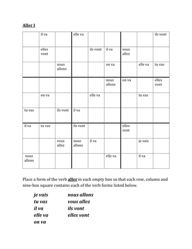 Aller French Verb Present Tense Sudoku Teaching Resources