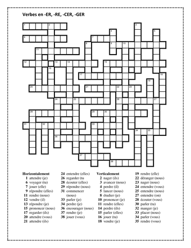 ER, RE, CER, GER French Verbs Present Tense Crossword