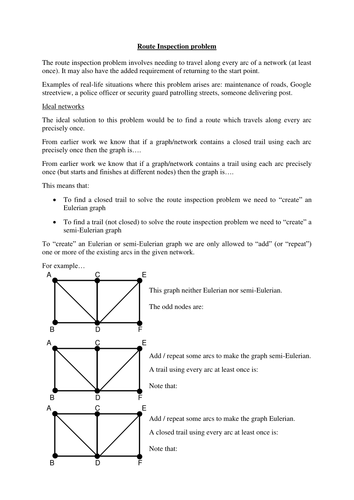 Route inspection - resource to teach and practise the algorithm (Decision maths)