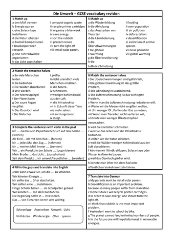 on worksheet jobs vocabulary vocabulary German revision Umwelt GCSE by Environment Die