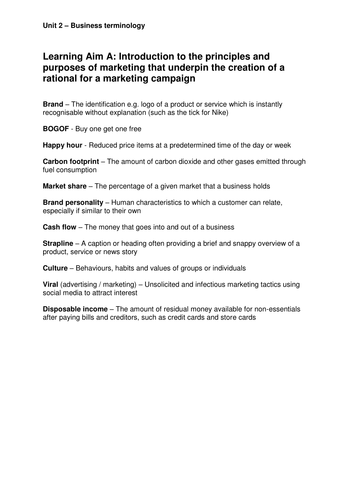 Unit 2 Developing a Marketing Campaign - Business Terminology