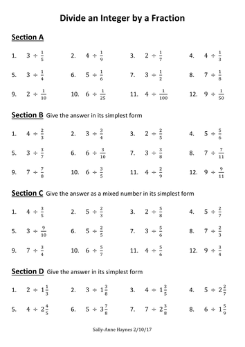 Divide An Integer By A Fraction Worksheet | Teaching Resources