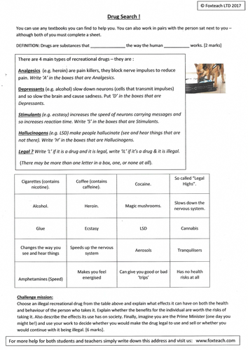 Drugs, types, recreational, medicinal, legal, illegal. Differentiated activity sheets with answers.