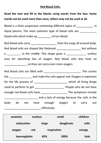 7Cb Red Blood Cell Cloze text