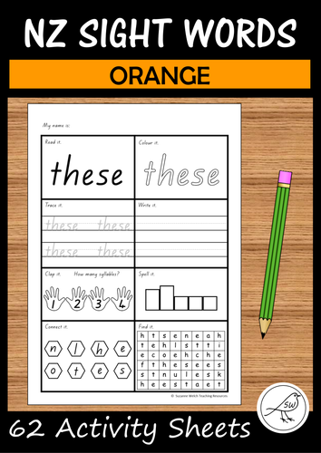 New Zealand Sight Words – ORANGE words - 62 worksheets