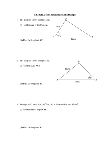 Worksheet on sine rule, cosine rule and area of a triangle