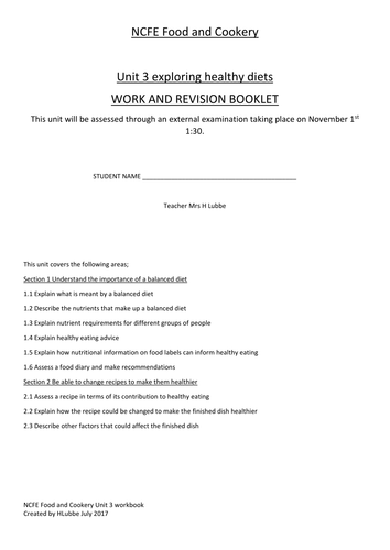 Level 2 NCFE Food and Cookery, Unit 3 revision booklet.