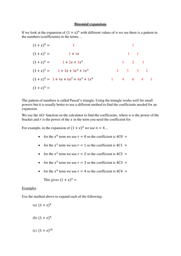 Binomial Expansions 1axn Introductory Worksheet Teaching Resources 0288