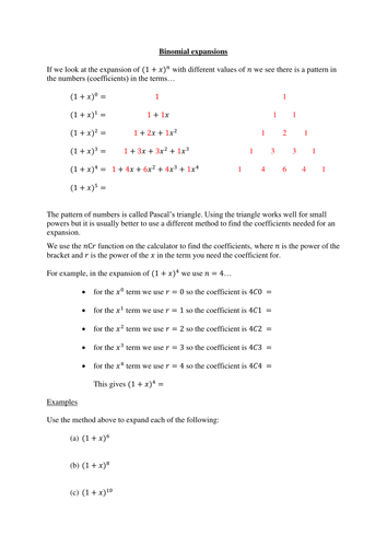 Binomial expansions (1+ax)^n - introductory worksheet
