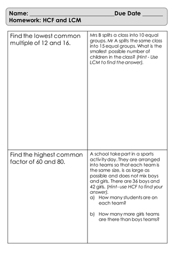 Homework Sheet - HCF and LCM - Fluency and Application Questions