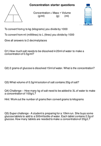 Concentration questions and answers differentiated - lower school - grams, litres