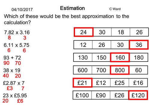 WHOLE LESSON: SIMPLE ESTIMATION OF CALCULATIONS