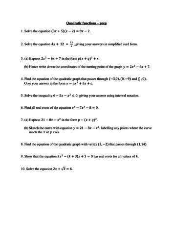 Quadratic functions (new A level maths) - worksheet and homework/test