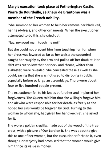 Mary, Queen of Scots Execution Primary Source Handout