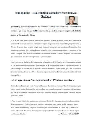 A-Level French - L'homophobie - Articles France/Quebec