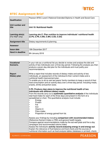Unit 19 Nutritional health Assignment 2 brief [New Spec]