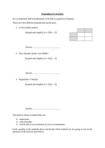 Worksheet on expanding 2 brackets