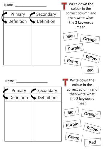 Primary/secondary colours match up exercise